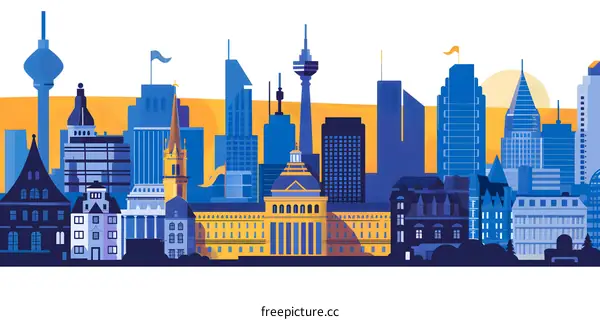 Blue and Yellow Cityscape Illustration