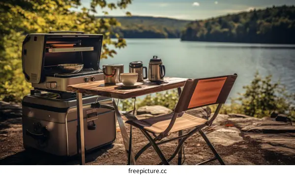 Lakeside camping cook set with a beautiful view