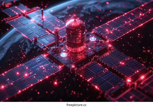 A digital illustration of a satellite in space with a red tint