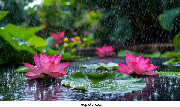 Pink Lotus Flowers in the Rain