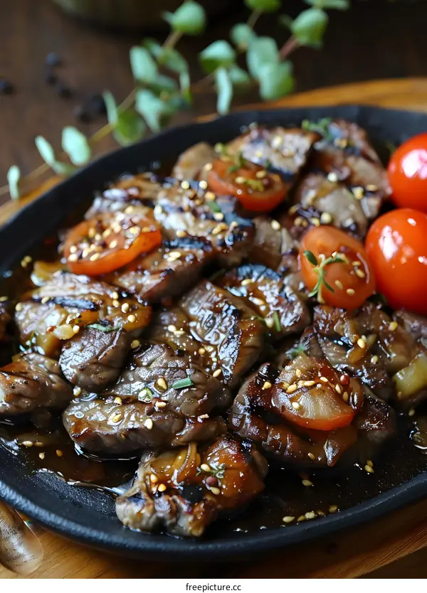 Beef steak with tomatoes and sesame seeds