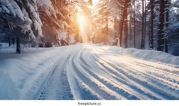 Snowy road through a winter forest at sunset
