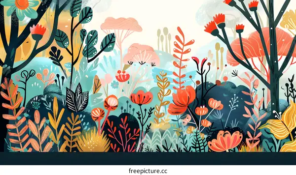 Colorful Floral Pattern Illustration With Abstract Plants And Flowers