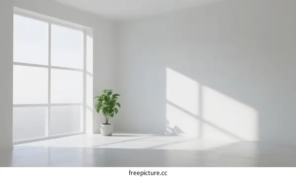 Bright Empty Room with Large Window and Green Plant