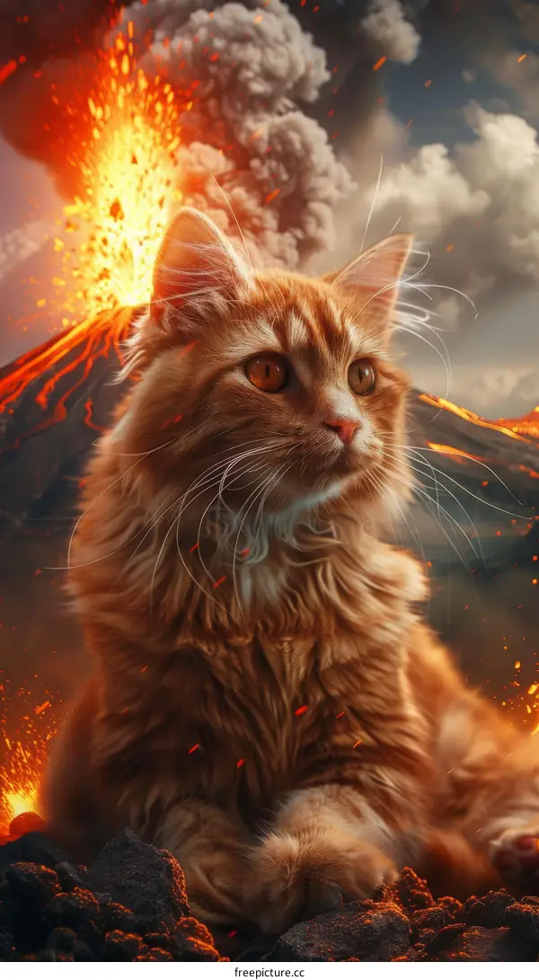 A ginger cat sits on a rock in front of a volcanic eruption