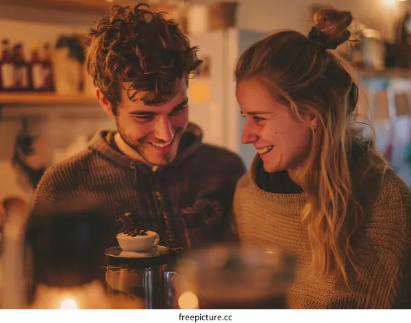 A young couple is making coffee together in the kitchen.