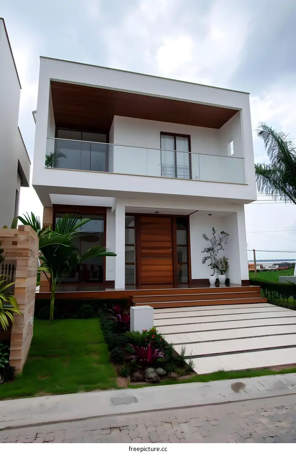 Modern Two Story House Exterior With Wooden Door