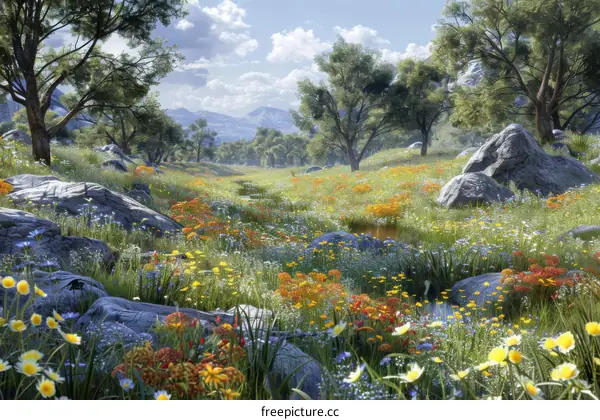 Colorful Flowers and Green Trees in a Beautiful Landscape