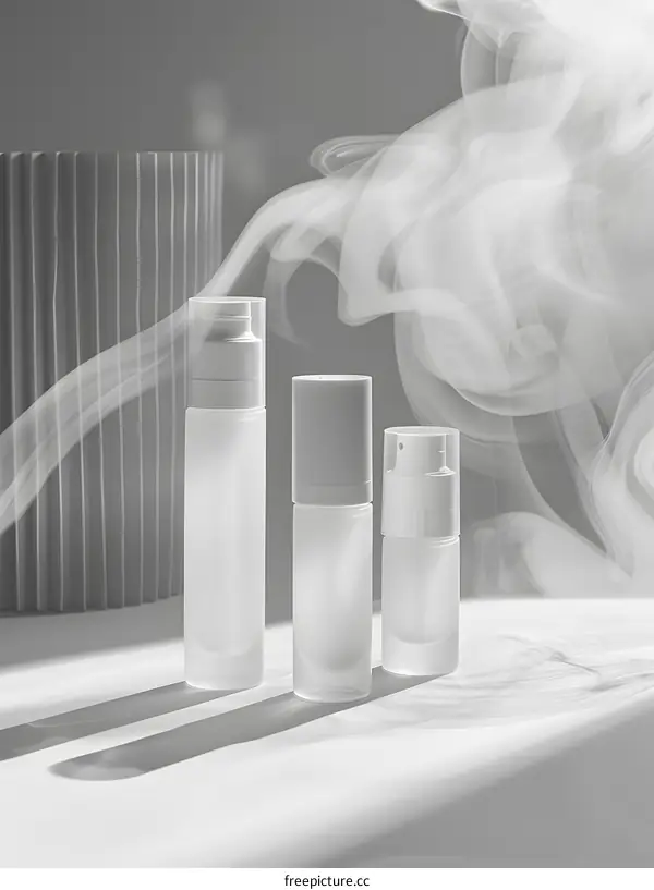 Three elegant white cosmetic bottles with white background and white smoke