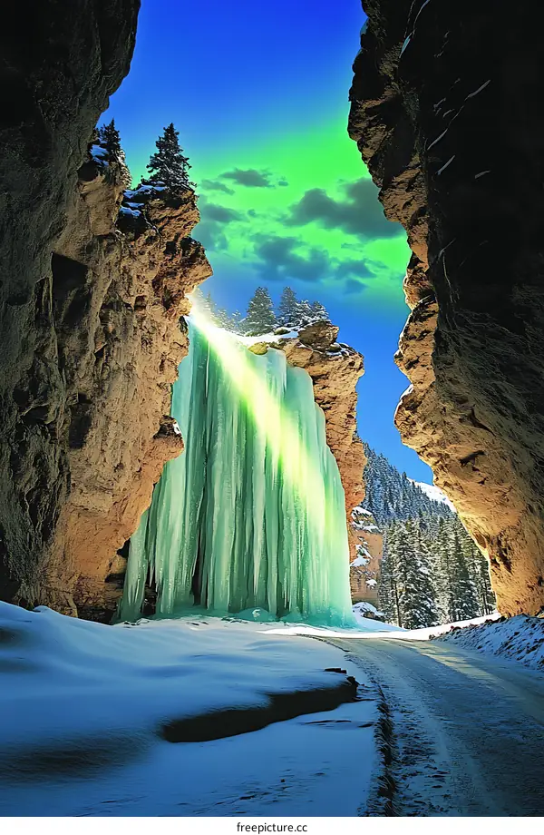 Frozen Waterfall in Winter Landscape
