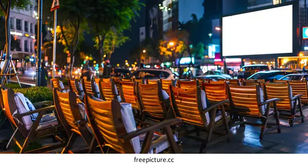 Empty Chairs Facing a Giant Blank Screen Outdoor Movie Theater at Night