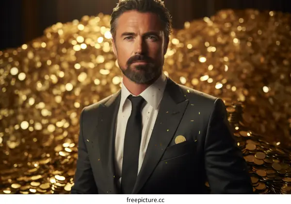 Confident man in suit standing in front of a pile of gold coins