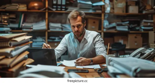 A man is working in a messy office.
