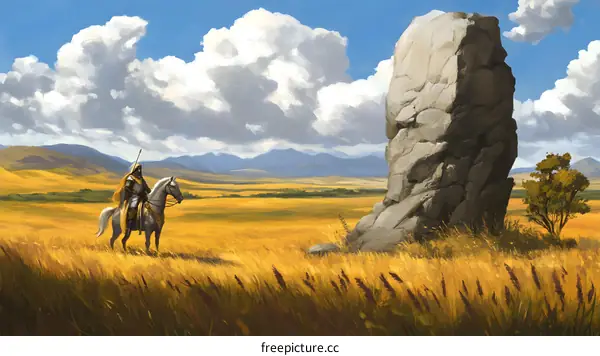 Knight on Horseback in a Field with a Large Stone