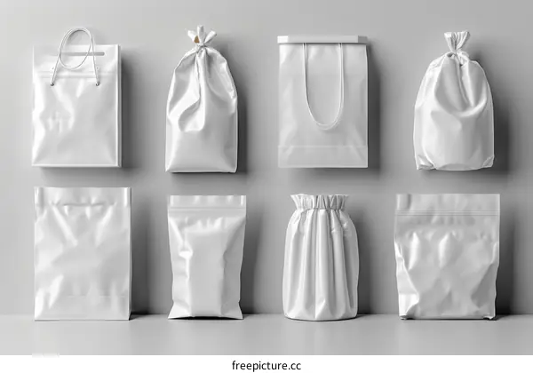 A variety of white bags on a gray background