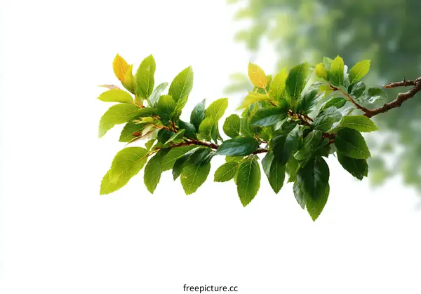 Fresh Green Leaves on a Branch Against White Background