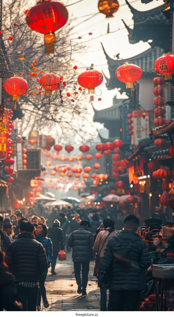 Crowded street with red lanterns during the Spring Festival
