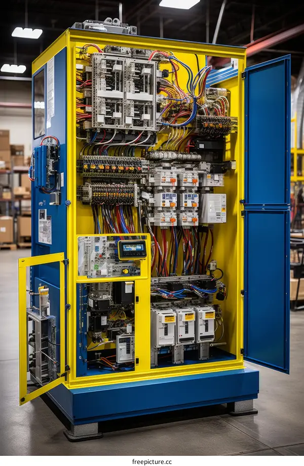 Industrial electrical control panel with open door