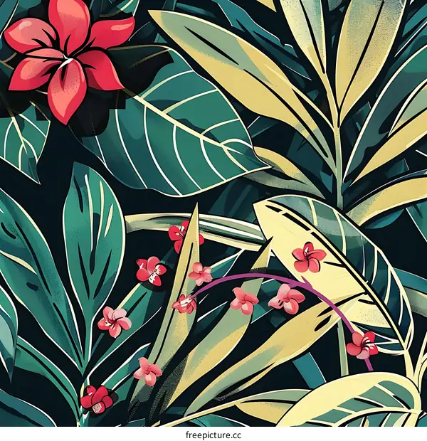 Tropical Leaves and Flowers Seamless Pattern