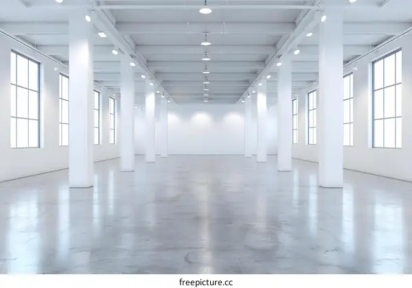 Empty White Room with Large Windows and Columns