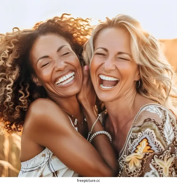 Two Smiling Women Friends Hugging in a Field