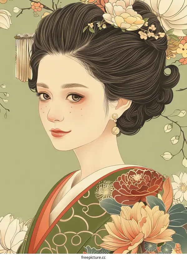 Illustration of a Japanese woman in traditional clothing