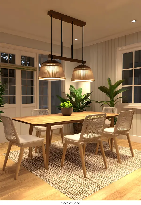 Modern Dining Room Design with Wooden Table and Wicker Chairs