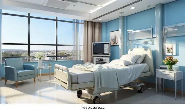 Patient room interior with a large window