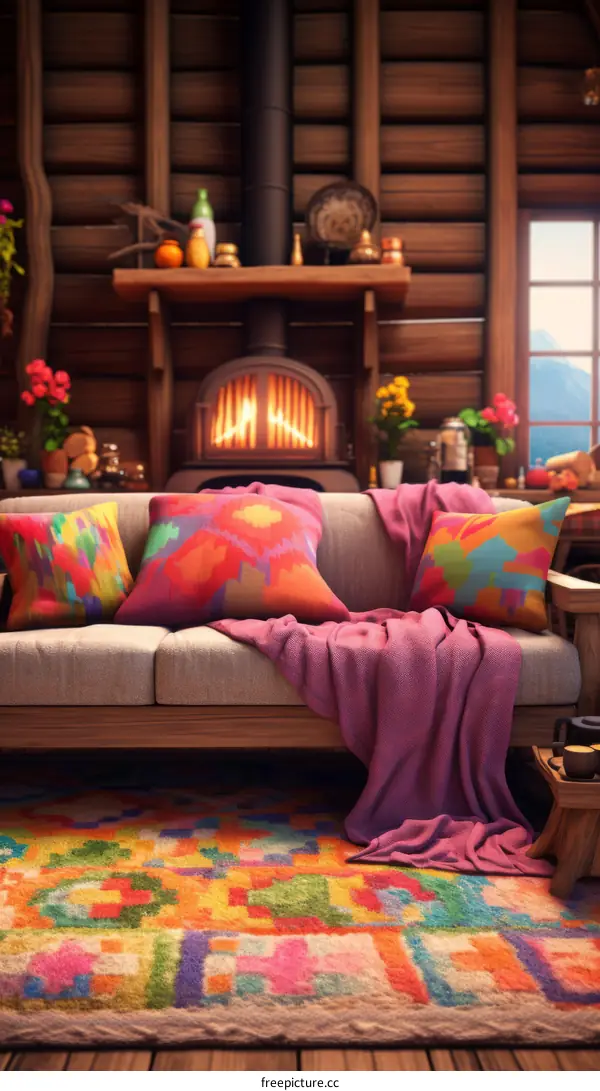 Cozy living room interior with fireplace, sofa and colorful pillows
