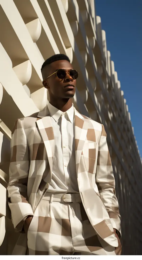 Black man wearing white and brown checkered suit with sunglasses standing against a geometric wall