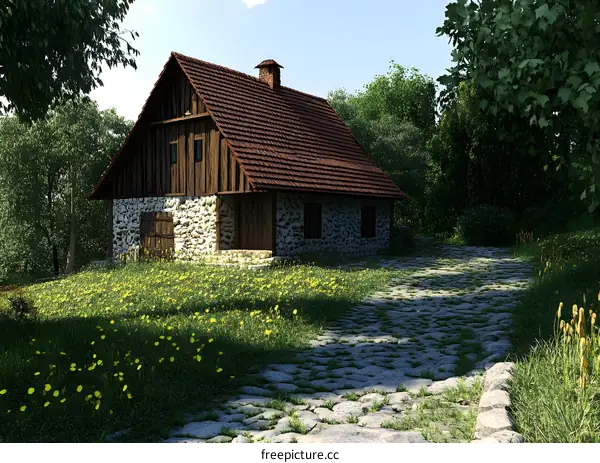 Stone Cottage with Cobblestone Path in a Forest