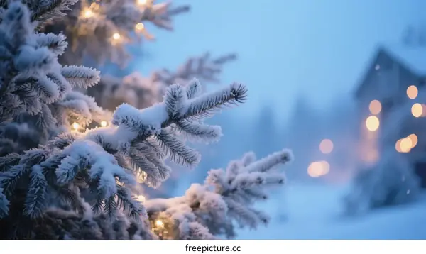 Frosted Pine Branches with Christmas Lights in Winter Evening