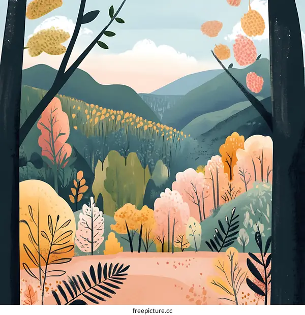 Autumn Landscape with Trees and Mountains Illustration