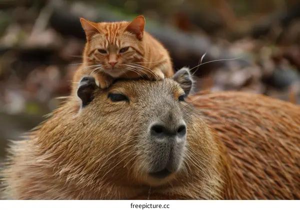 A ginger cat is sitting on the head of a brown capybara
