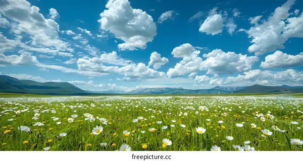 Beautiful Green Field with White Daisies and Blue Sky