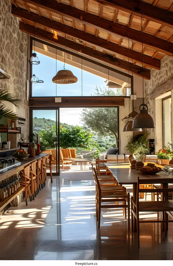 Rustic wooden house interior with large glass windows and wooden furniture