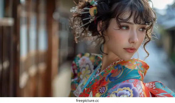 Portrait of a beautiful Japanese woman in traditional kimono