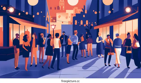 People Gathering in City Street at Dusk Illustration