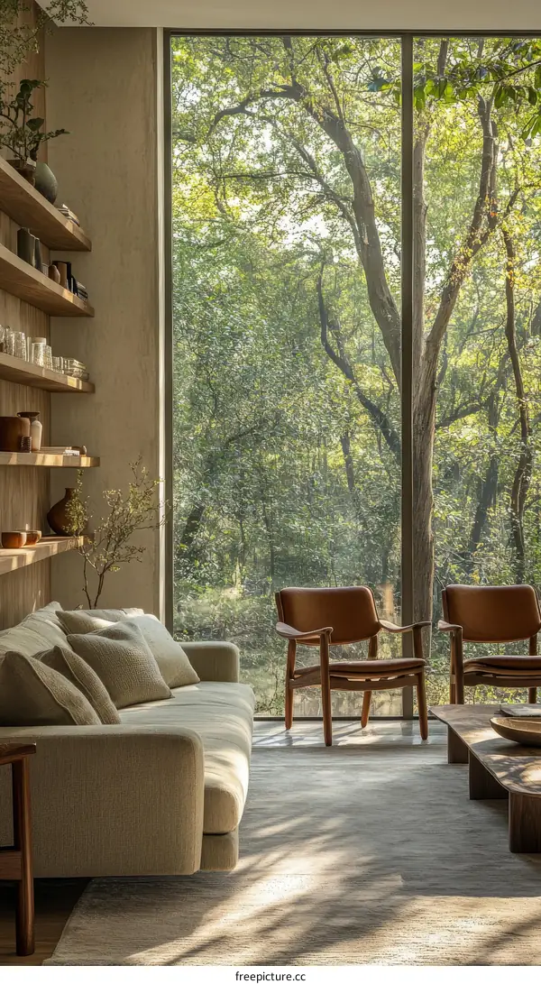 Modern Living Room with Panoramic Forest View