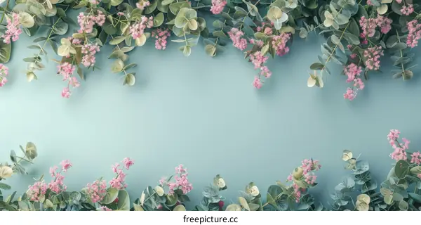 Pink flowers and eucalyptus leaves on a blue background
