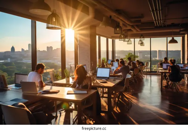 People working in a modern office with a city view