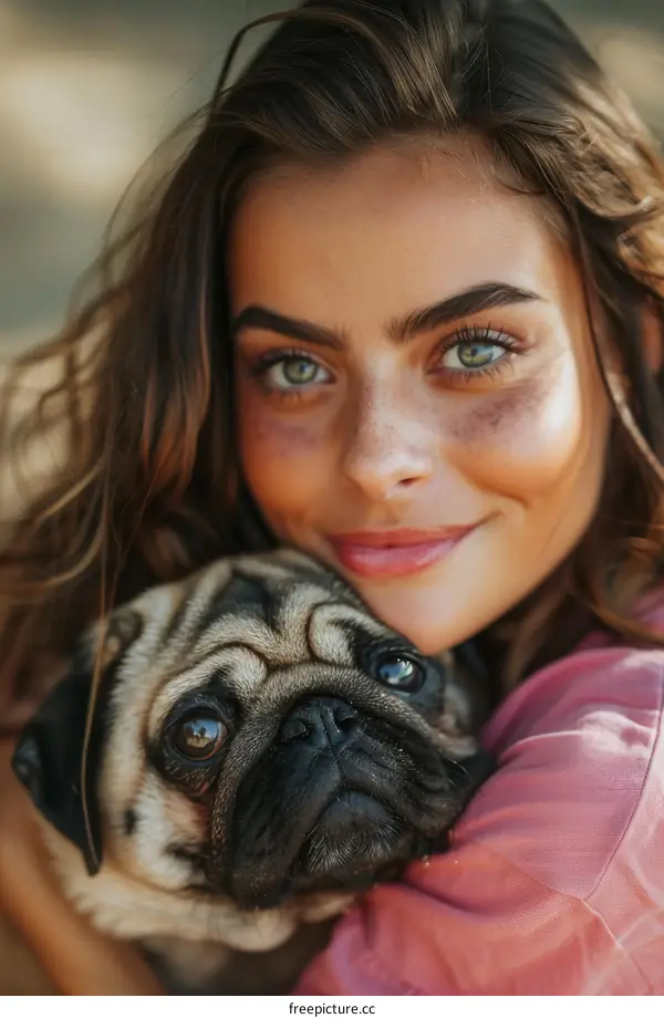 An adorable young woman with freckles on her face is hugging a pug