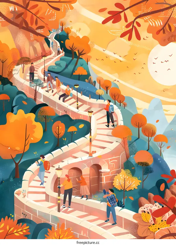 Autumn Landscape With People Walking Up Stairs