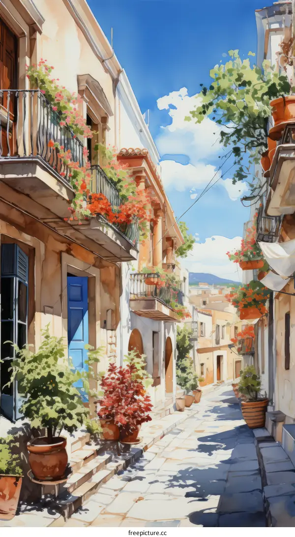 A narrow street with colorful houses and flowers