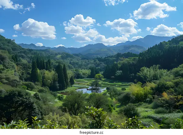 A beautiful landscape of a valley with a river and mountains in the background