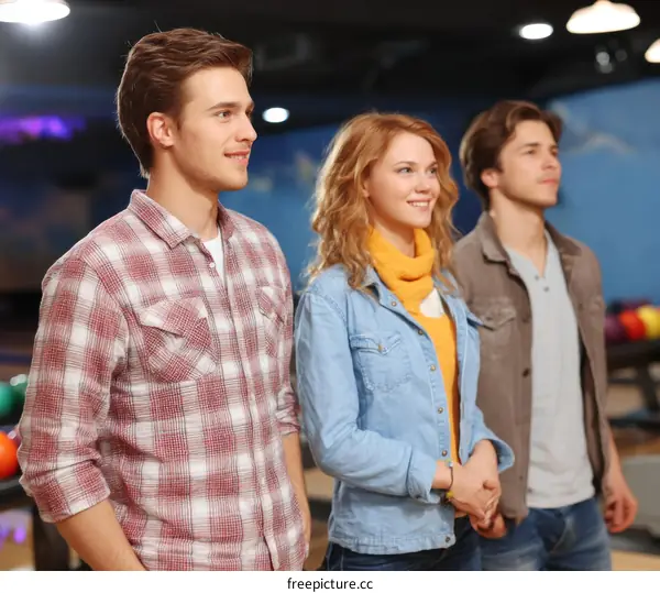 Three friends having fun at bowling alley