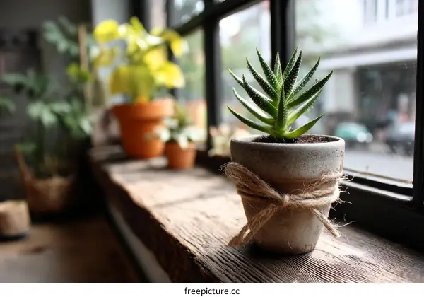 Succulent Plant on a Wooden Window Sill
