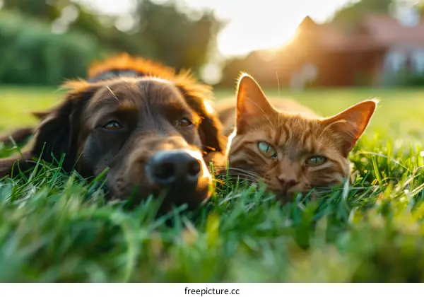 A ginger cat and a brown dog lying on the grass together