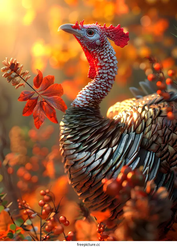 A majestic turkey stands in a field of red and orange leaves.