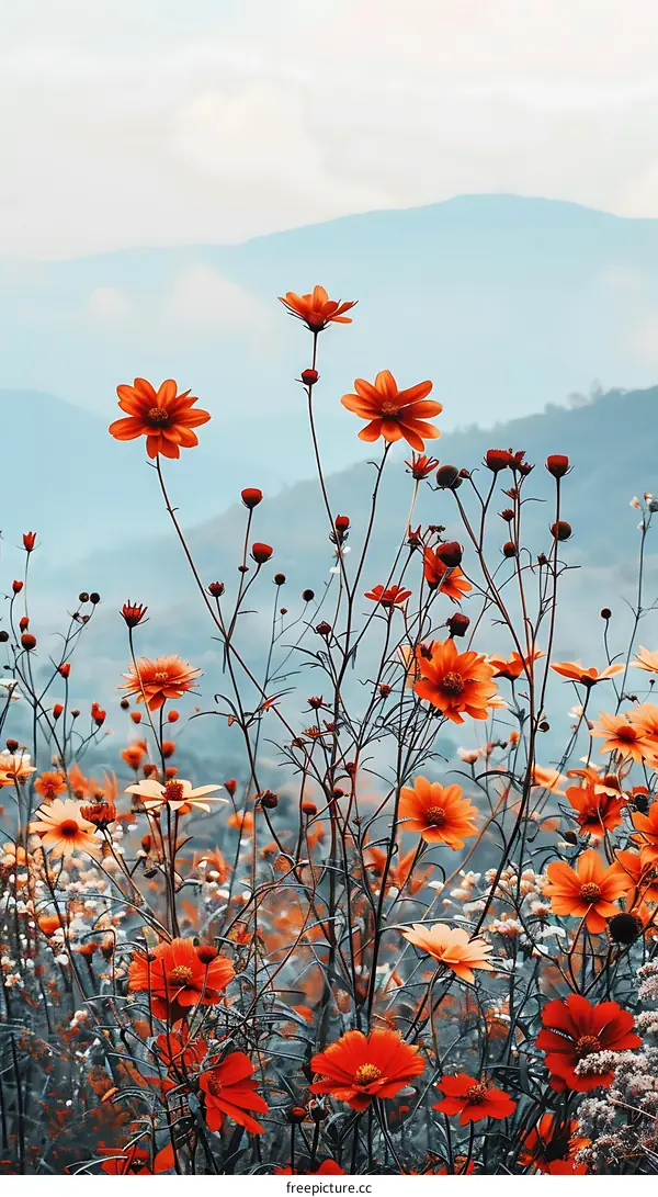 Orange Wildflowers in a Field With Mountains in the Background